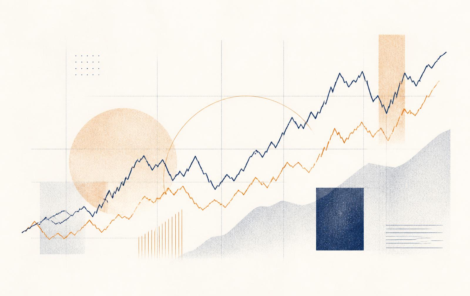 Abstract editorial illustration of overlapping market trend lines